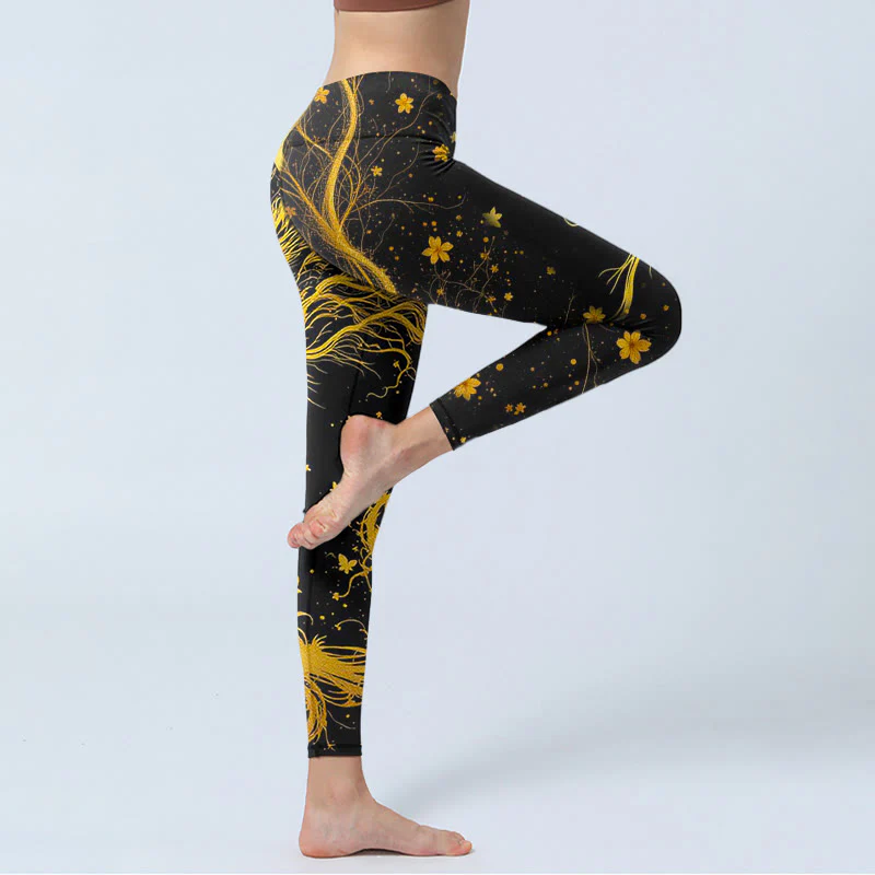 Buddha Stones Golden Dragon Pattern Print Gym Leggings Women's Yoga Pants