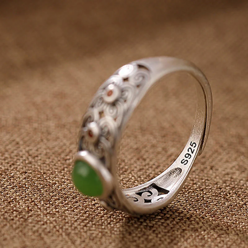 Buddha Stones 925 Sterling Silver Hetian Cyan Jade Harmony Adjustable Ring
