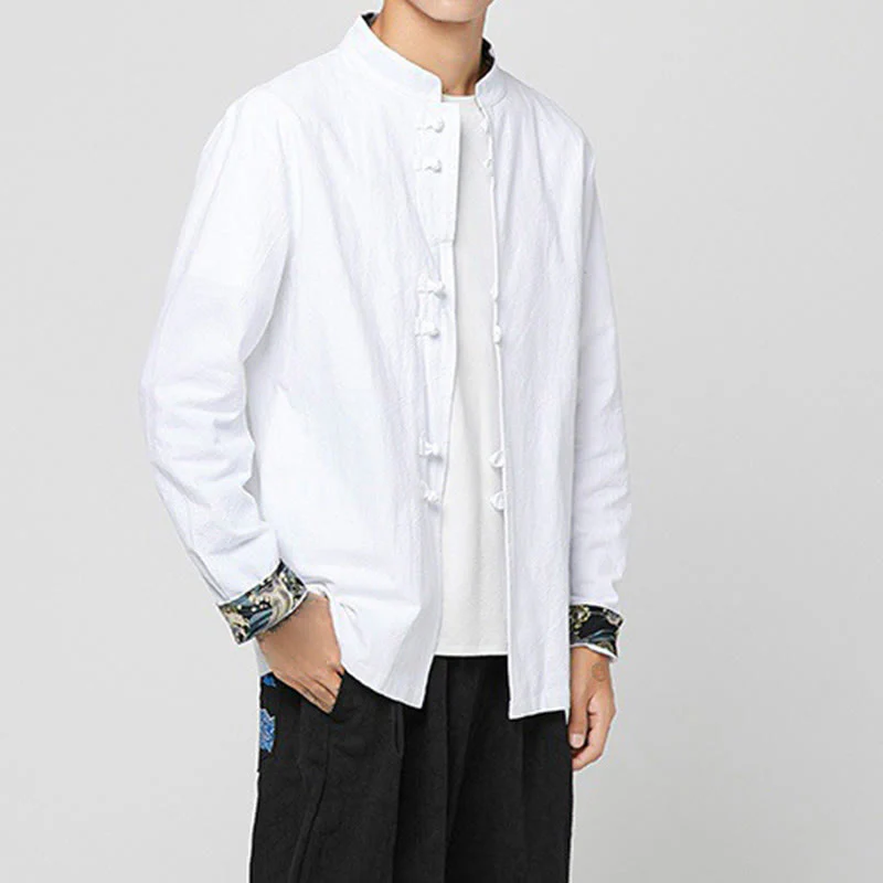 Buddha Stones Men's Frog-Button Dragon Pattern Cuffs Cotton Long Sleeve Shirt