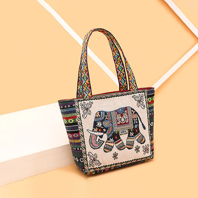 Buddha Stones Elephant Butterfly Embroidered Large Capacity Canvas Tote Bag Shoulder Bag
