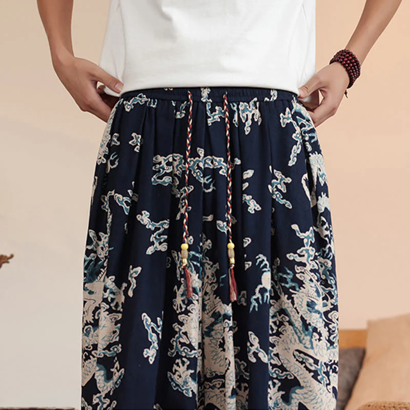 Buddha Stones Dragon Print Cotton Men's Harem Ankle-Length Pants With Pockets