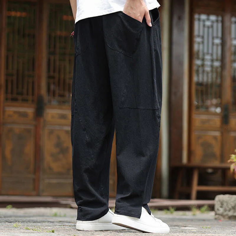 Buddha Stones Solid Drawstring Men's Elastic Waistband Cotton Linen Pants With Pockets