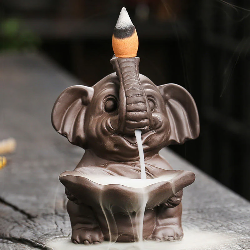 Buddha Stones Little Elephant Holding Leaf Purple Clay Backflow Smoke Fountain Healing Incense Burner Decoration