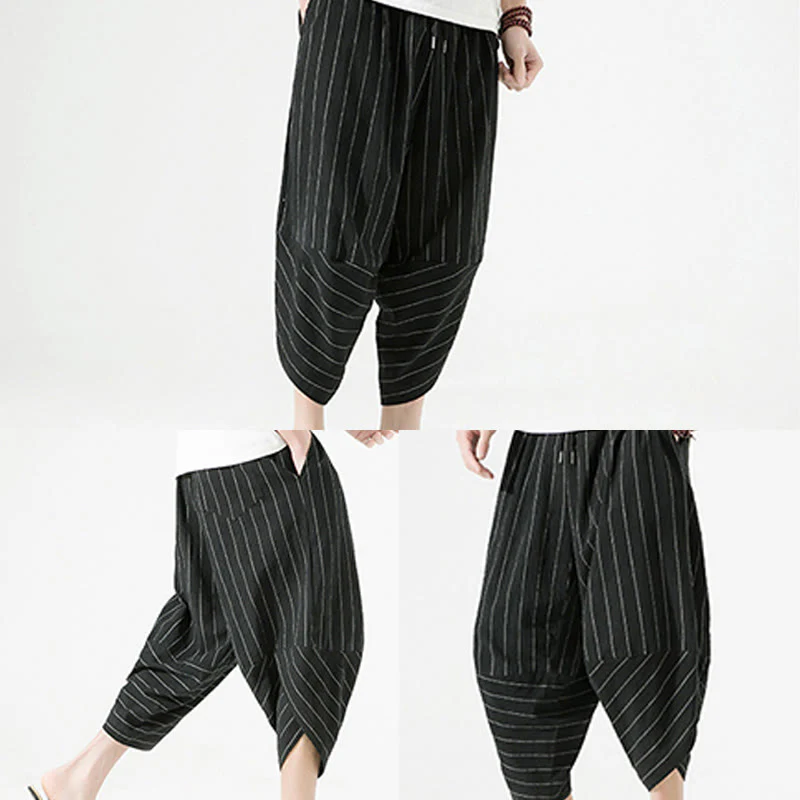 Buddha Stones Casual Plain Stripes Pattern Drawstring Men's 7-8 Length Cotton Linen Harem Pants With Pockets