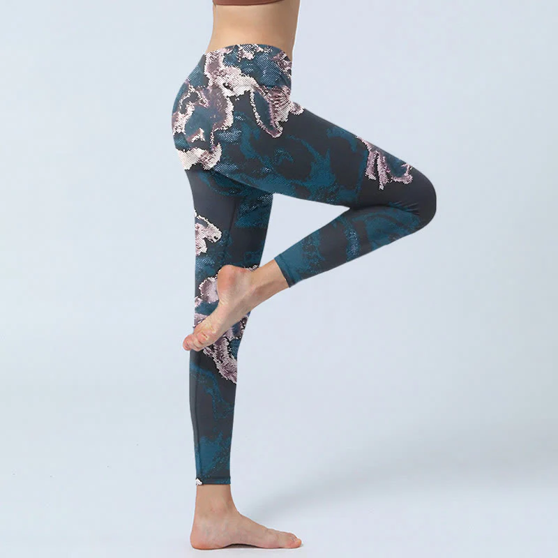 Buddha Stones SteelBlue Silver Flowers Print Exercise Leggings Women's Yoga Pants