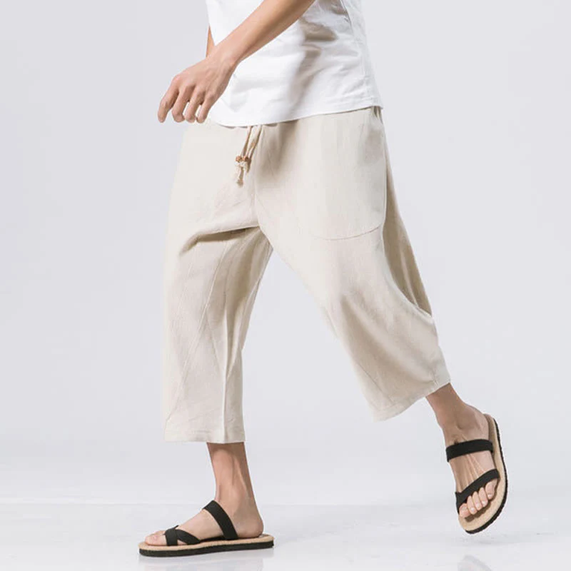 Buddha Stones Summer Casual Simple Plain Design 7-8 Length Men's Cotton Linen Drawstring Pants With Pockets