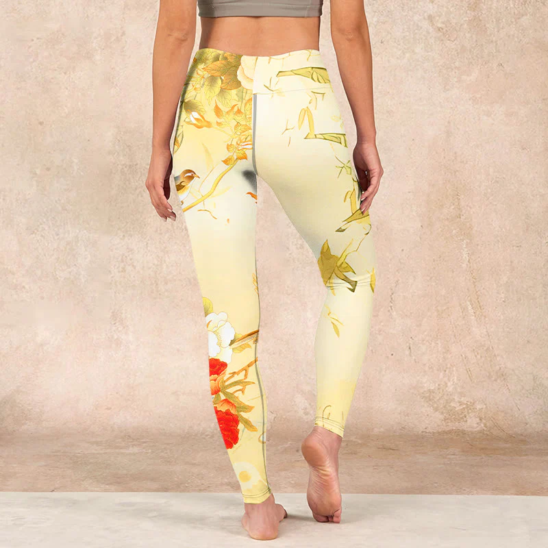 Buddha Stones Light Yellow Peony Flowers Birds Print Sports Leggings Women's Yoga Pants