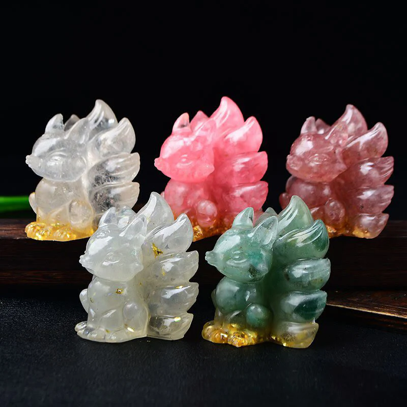 Buddha Stones Natural Various Crystal Strawberry Quartz Amethyst Nine Tailed Fox Protection Home Decoration