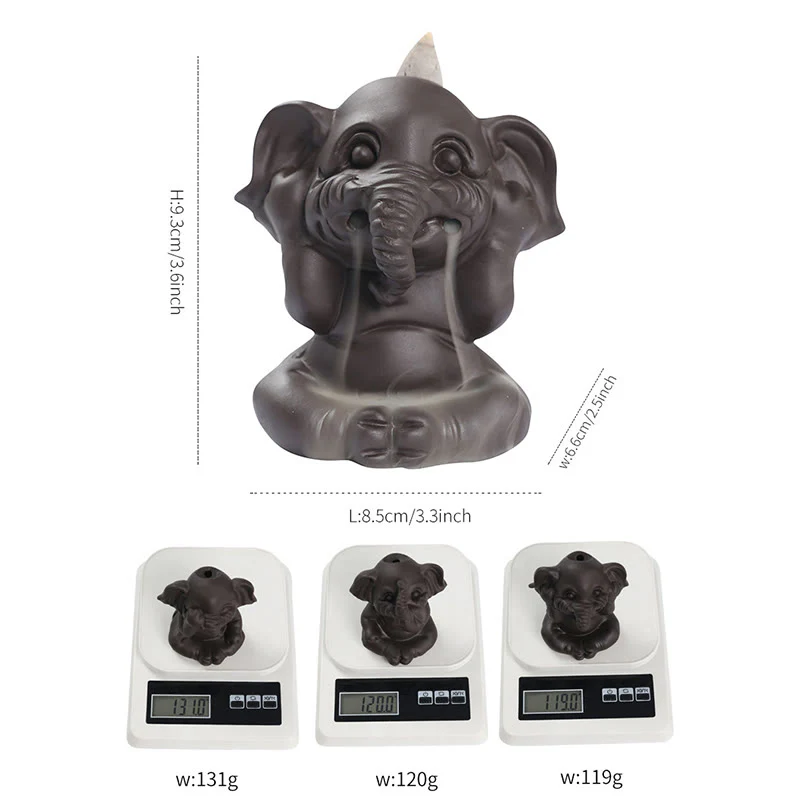 Buddha Stones Cute Elephant Purple Clay Backflow Smoke Fountain Peace Healing Incense Burner Decoration