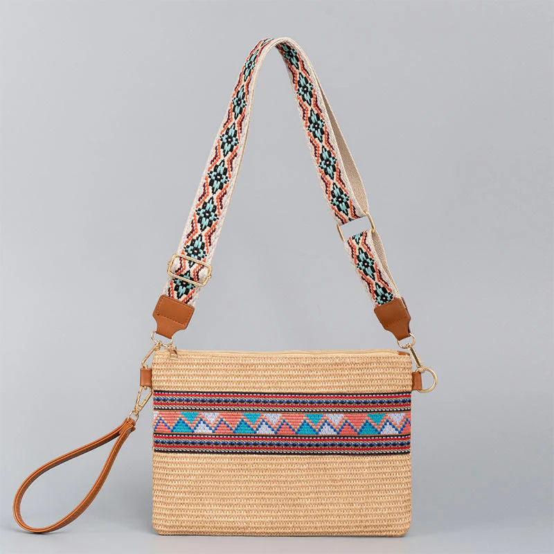 Buddha Stones Boho Colorful Geometry Straw Woven Crossbody Bag Shoulder Bag Handbag
