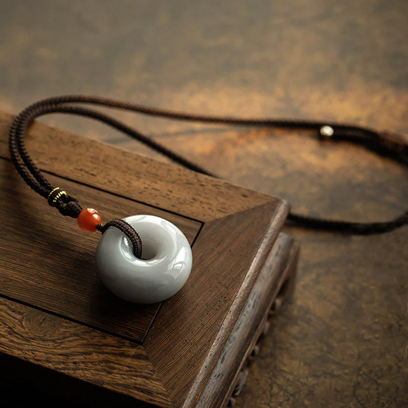 Buddha Stones Natural Round Jade Gray Jade Peace Buckle Luck Necklace Pendant