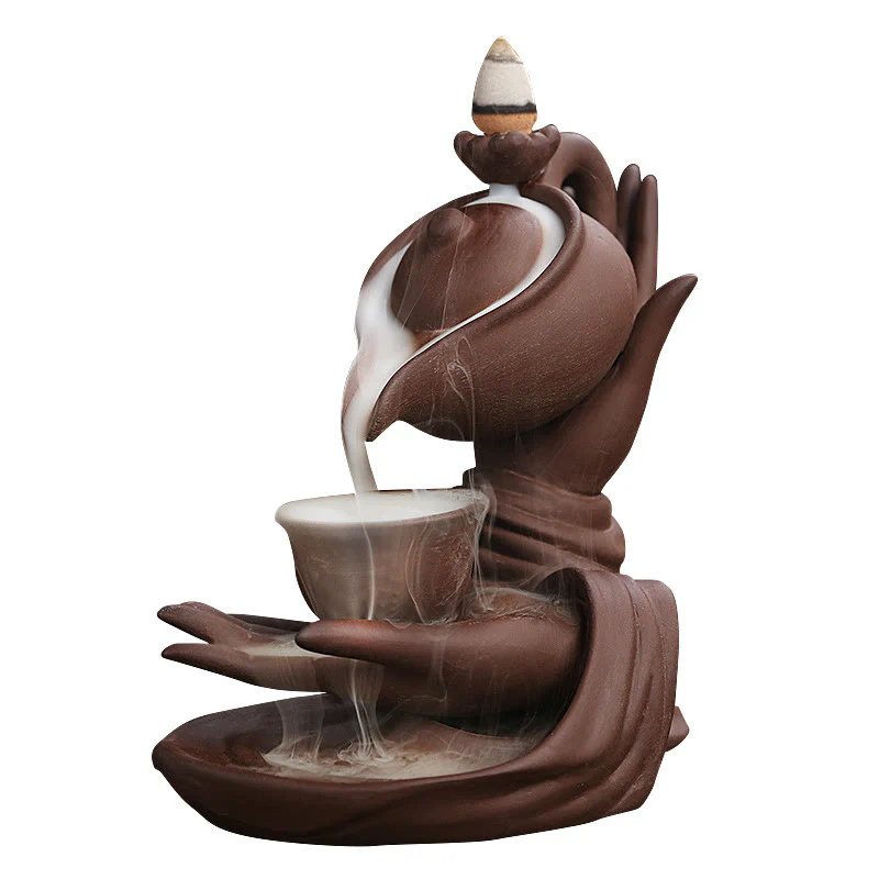 Buddha Stones Buddha Hand Holding Teapot Cup Ceramic Backflow Smoke Fountain Healing Incense Burner Decoration