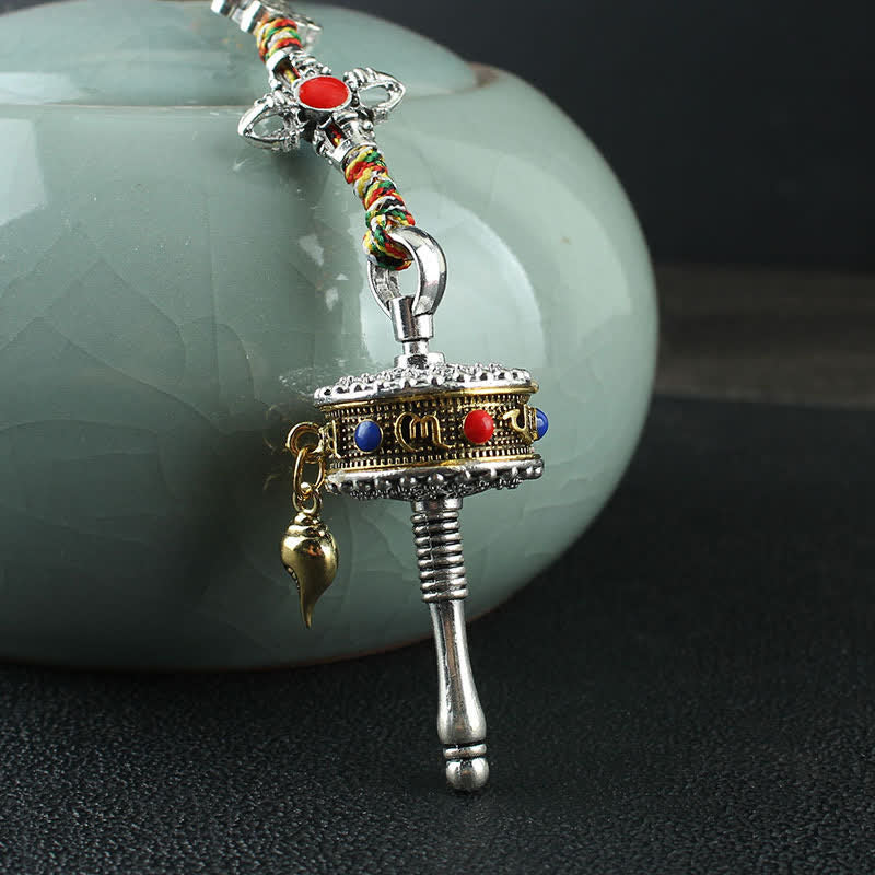 Buddha Stones Tibet Om Mani Padme Hum Prayer Wheel Peace Rotatable Bag Car Hanging Decoration