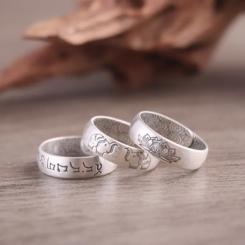 Buddha Stones 999 Sterling Silver Lotus Elephant Six True Words Blessing Ring