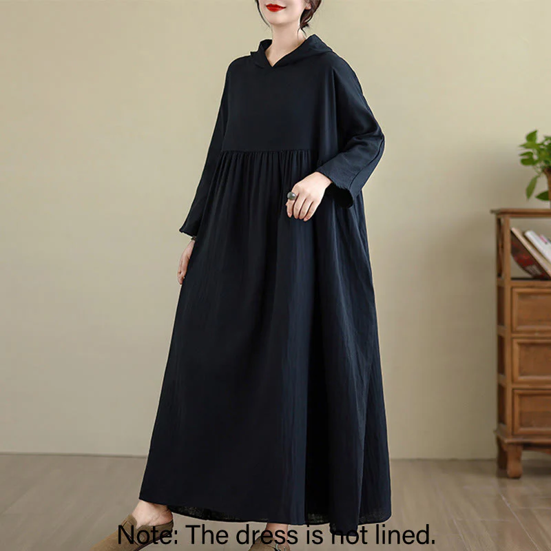 Buddha Stones Fall Hoodie Design Long Sleeve Cotton Linen Midi Dress With Pockets