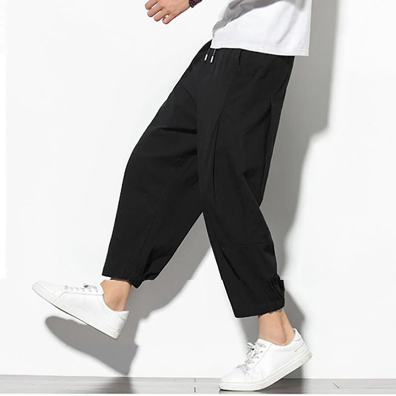 Buddha Stones Summer Men's 7-8 Length Cotton Linen Carrot Pants With Pockets