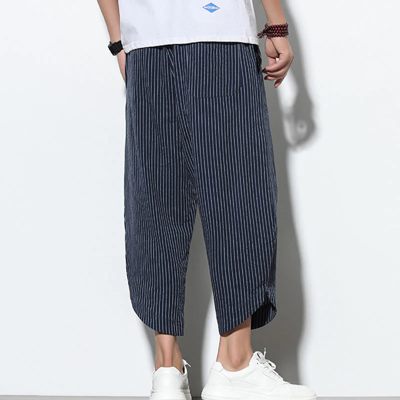 Buddha Stones Summer Stripes Pattern Drawstring Cotton Linen Men's 7-8 Length Harem Pants With Pockets