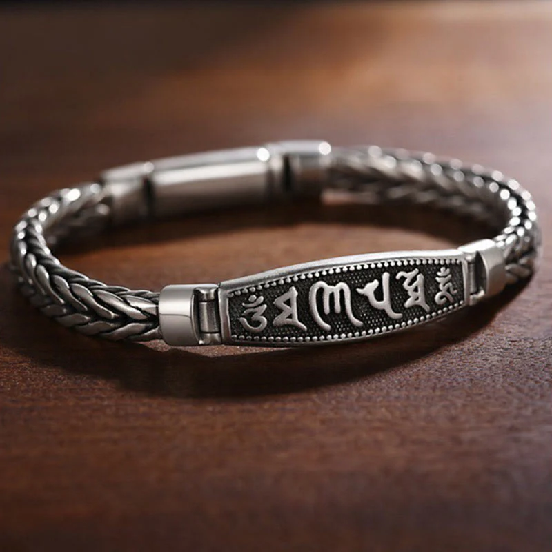 Buddha Stones Tibetan Copper Weave Om Mani Padme Hum Relief Vajra Peace Metal Bracelet