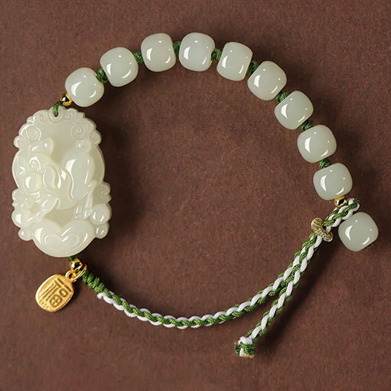Buddha Stones 925 Sterling Silver Chinese Zodiac Hetian Jade Happiness Luck String Bracelet