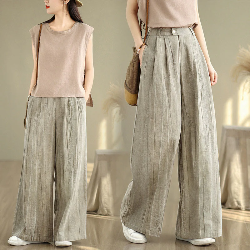 Buddha Stones Casual Tan Women's Cotton Elastic Waist Wide Leg Pants With Pockets