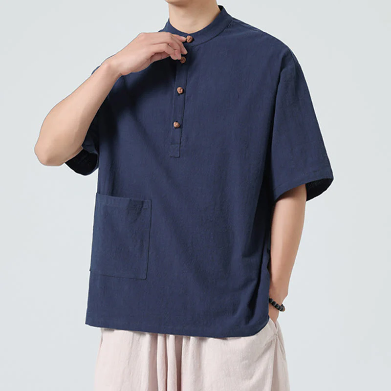 Buddha Stones Casual Half Frog-Button Design Stand Collar Tang Suit Men's Half Sleeve Cotton Shirt With Pocket