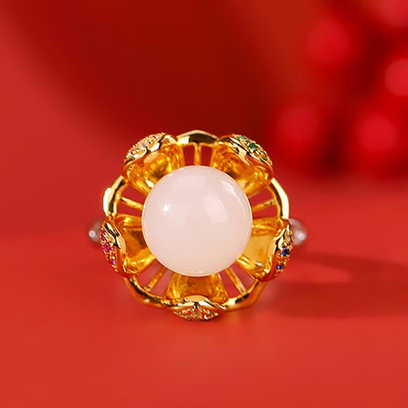 Buddha Stones 925 Sterling Silver White Jade Cyan Jade Lotus Flower Success Ring