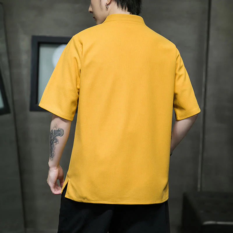 Buddha Stones Frog-Button Leaf Dragonfly Embroidery Men's Short Sleeve Shirt