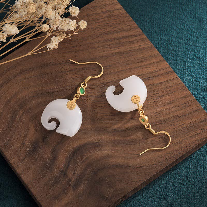 Buddha Stones FengShui Elephant White Jade Fortune Earrings
