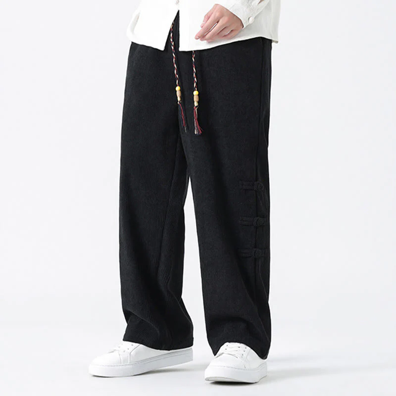 Buddha Stones Plain Chinese Frog-Button Design Drawstring Men's Corduroy Pants With Pockets