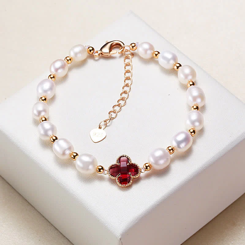 Buddha Stones Pearl Four Leaf Clover Wealth Chain Bracelet