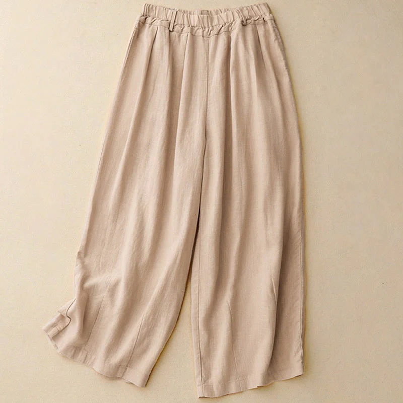 Buddha Stones Commute Vintage Solid Color Women's Wide Leg Cotton Pants With Pockets