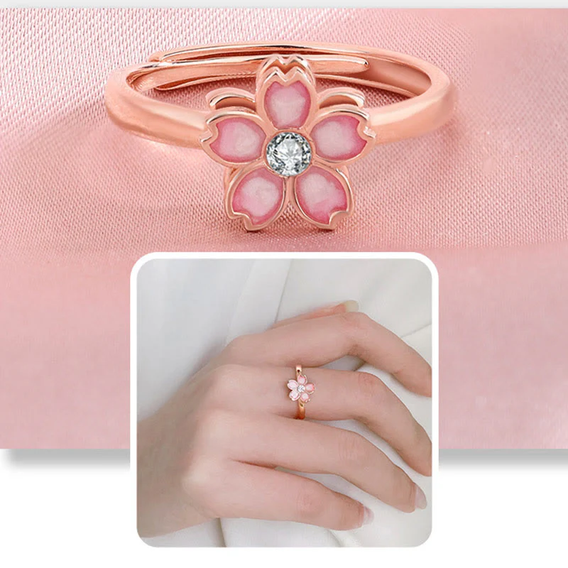 Buddha Stones 925 Sterling Silver Cherry Blossom Blessing Chain Bracelet Rotatable Ring