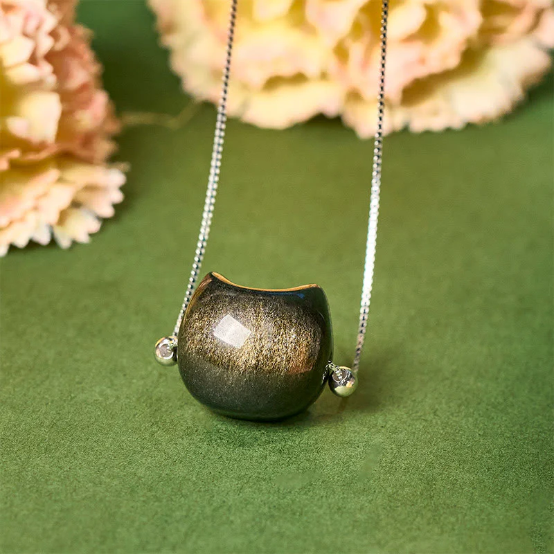 Buddha Stones 925 Sterling Silver Natural Silver Sheen Obsidian Gold Sheen Obsidian Cat Necklace