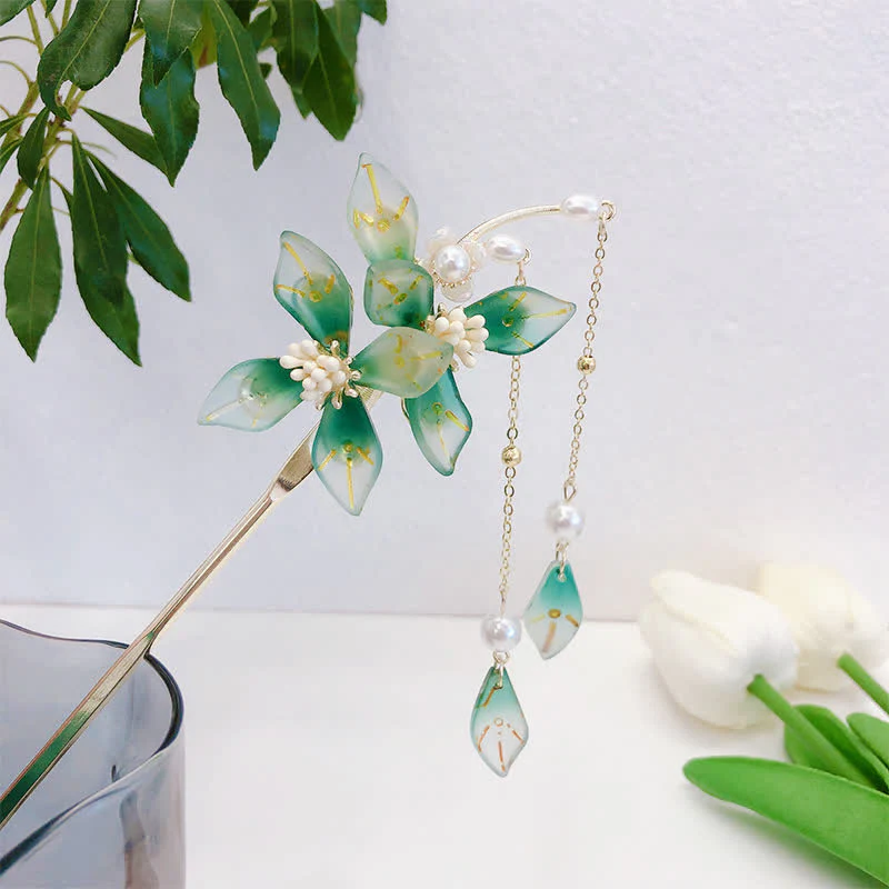 Buddha Stones Flower Leaf Pearl Peace Tassel Hairpin