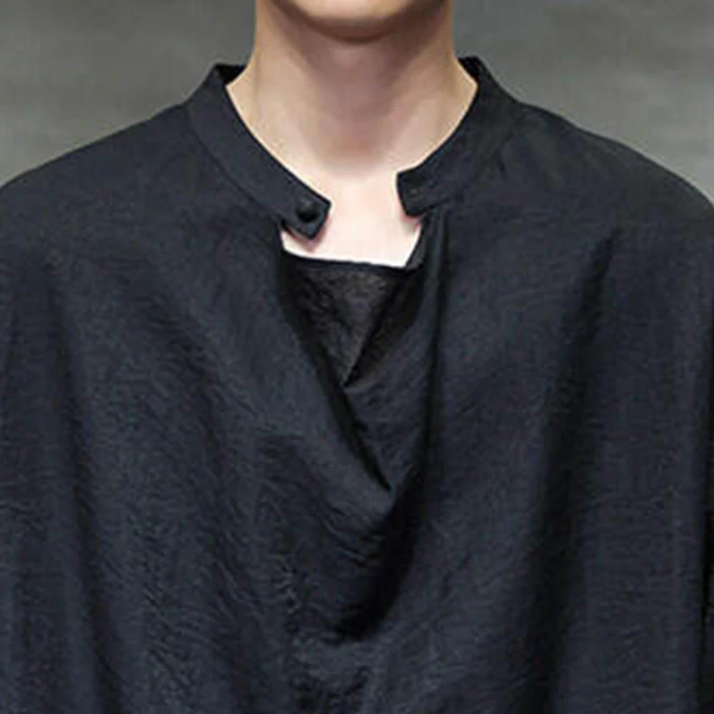 Buddha Stones Spring Solid Color Pleated Stand Collar Design Tang Suit Men's Long Sleeve Linen Shirt