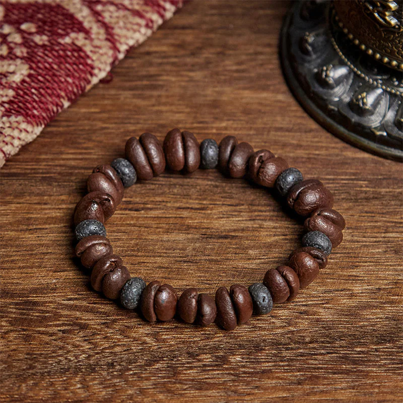 Buddha Stones Natural Coffee Beans Tiger Eye Grey Jasper Lava Rock Beads Bracelet