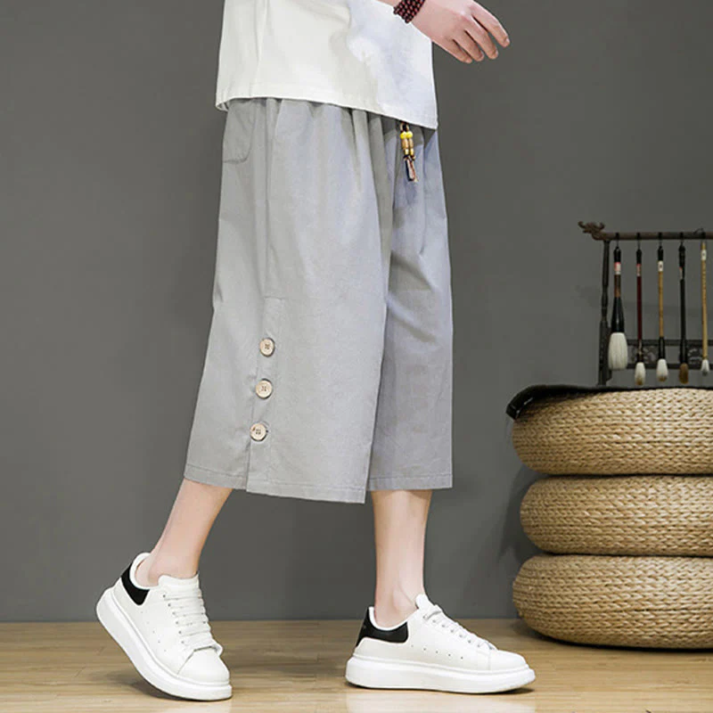 Buddha Stones Casual Plain Side Button Design Drawstring Men's Cotton Cropped Pants With Pockets