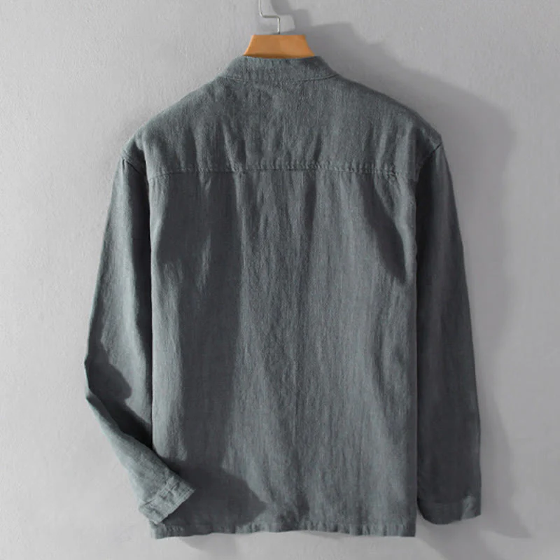 Buddha Stones Spring Daily Simple Buttons Design Stand Collar Men's Long Sleeve Cotton Linen Shirt With Pockets