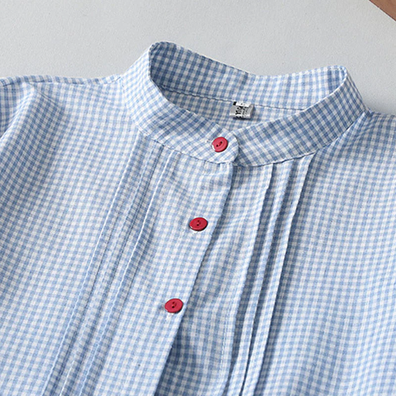 Buddha Stones Casual Plaid Pattern Long Lantern Sleeve Cotton Linen Midi Dress With Pockets