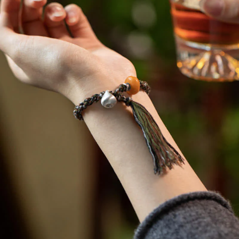 Buddha Stones 990 Sterling Silver Tibetan Handmade Amber Steelyard Weight Wish Protection Bracelet