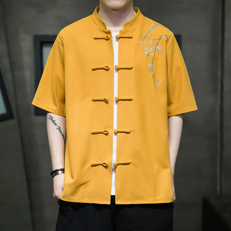 Buddha Stones Frog-Button Leaf Dragonfly Embroidery Men's Short Sleeve Shirt