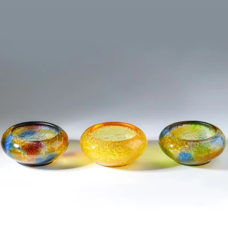 Buddha Stones Handmade Liuli Crystal Treasure Bowl Ingots Art Piece Home Decoration