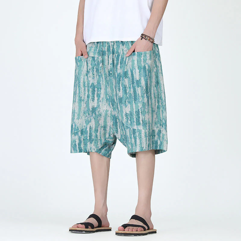 Buddha Stones Summer Stripes Cotton Linen Men's Capri Pants With Pockets