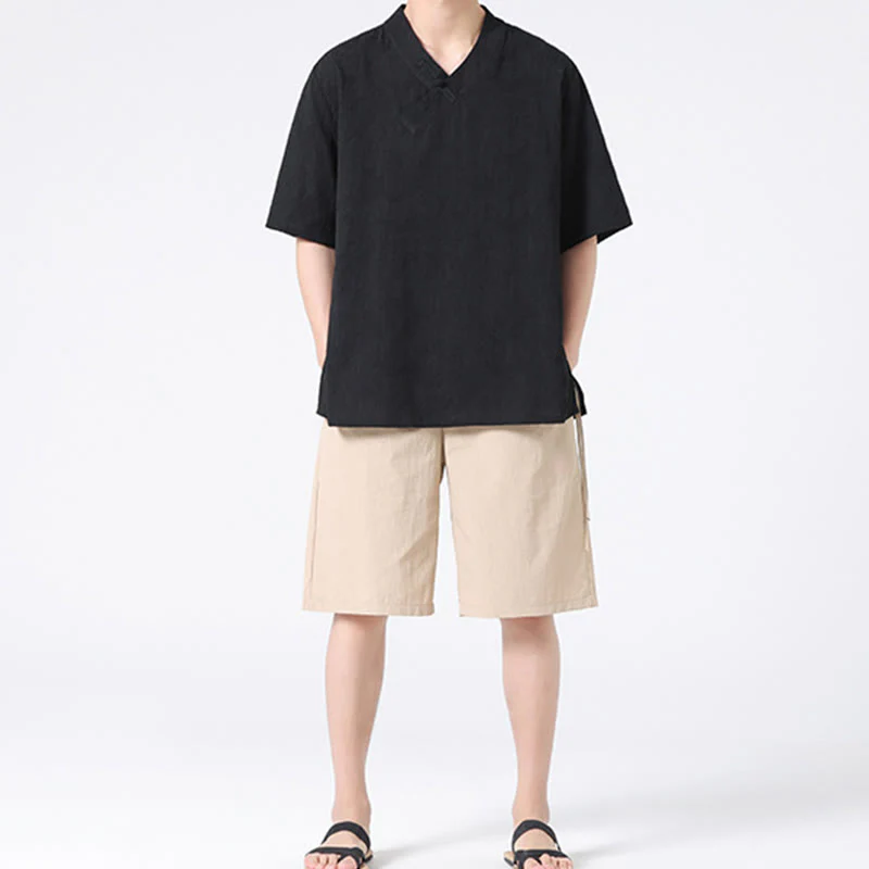 Buddha Stones Ethnic Distressed Jacquard Frog-Button Men's Stand Collar Half Sleeve Cotton Linen Shirt Tai Chi Clothes