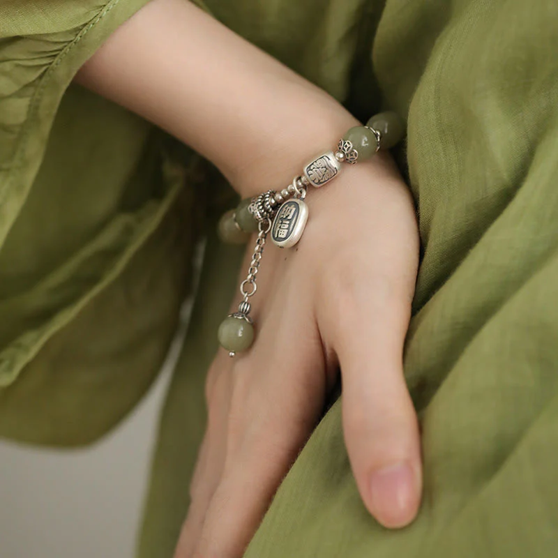 Buddha Stones 925 Sterling Silver Hetian Jade Beads Luck Bracelet