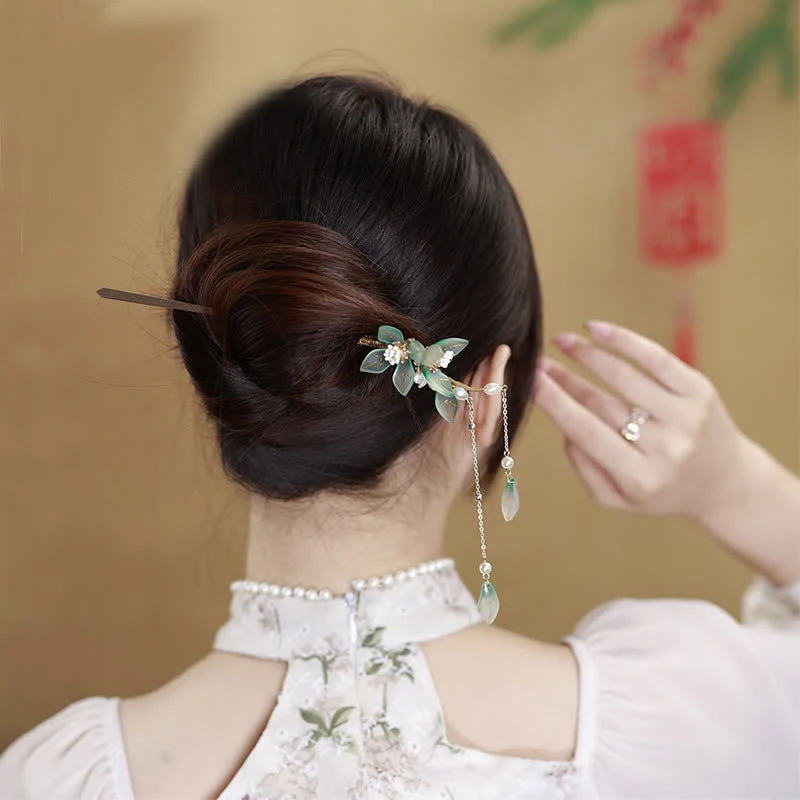 Buddha Stones Flower Leaf Pearl Peace Tassel Hairpin