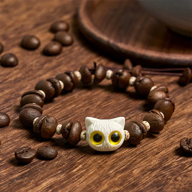 Buddha Stones Handmade Natural Coffee Beans Cat Head Bodhi Seed Claw Paw Peace Bracelet