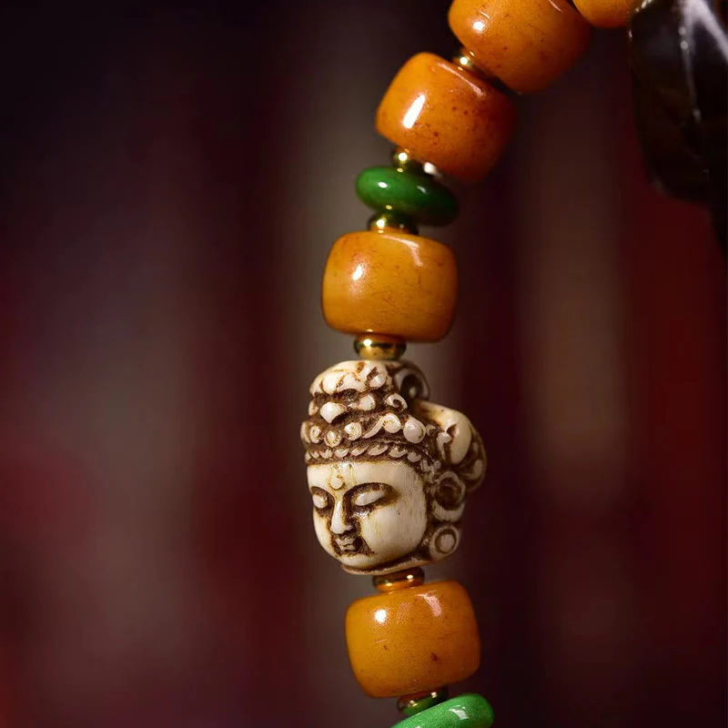 Buddha Stones Natural Tibetan Camel Bone Barrel Beads Buddha Head Luck Protection Bracelet