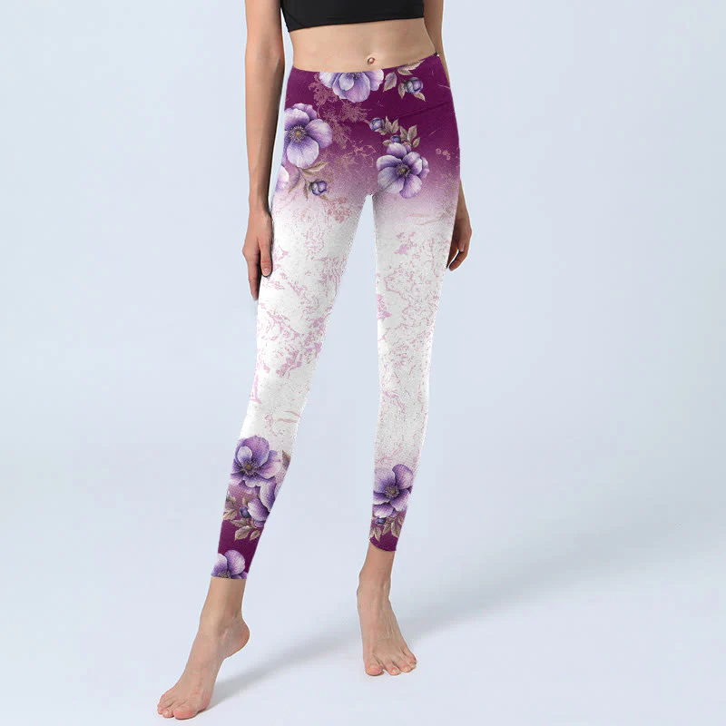 Buddha Stones Purple Floral Print Gym Leggings Women's Yoga Pants