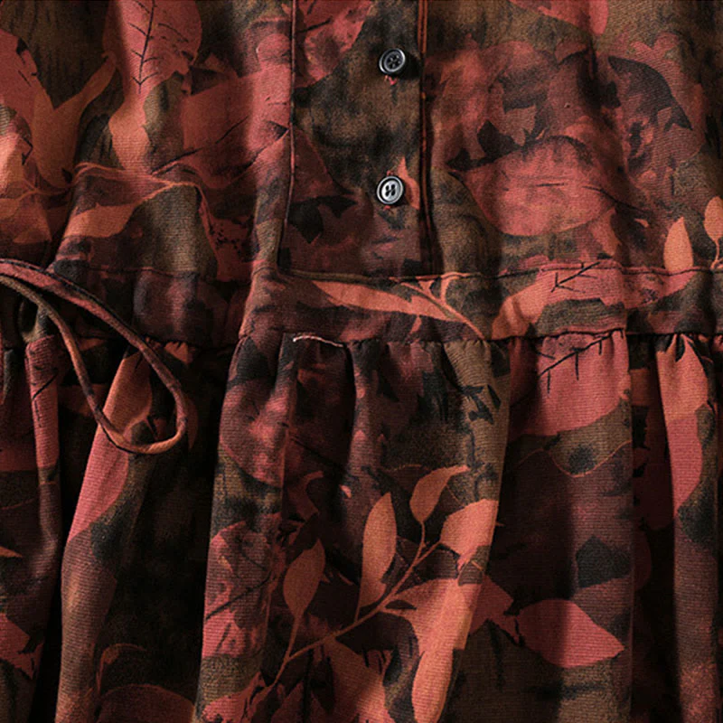 Buddha Stones Casual Printing Drawstring Chinese Frog-Button Cotton Linen Midi Dress With Pockets